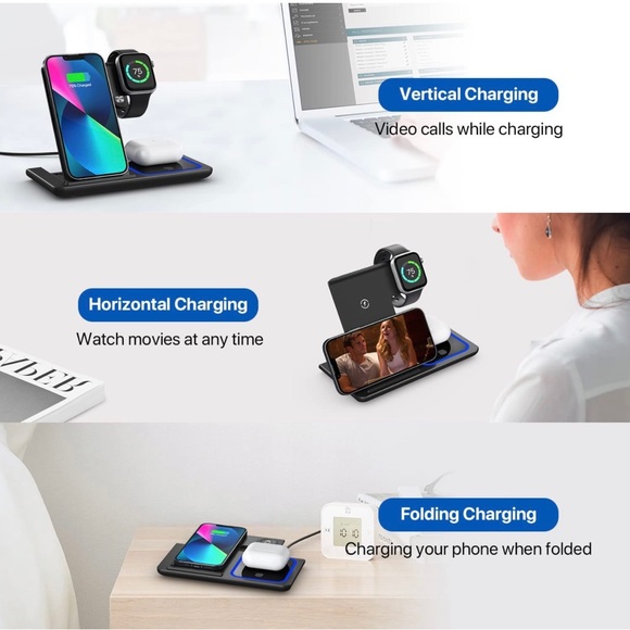 3 in 1 Wireless Charging Station iOS Fast Wireless Charger Stand Black - Picture 6 of 12